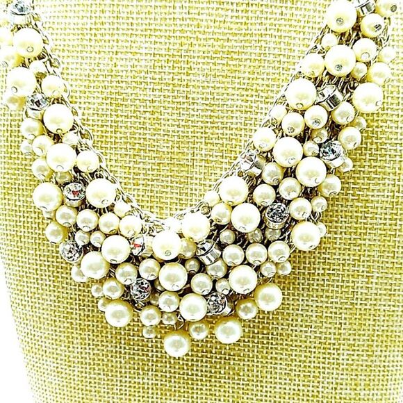 Rhinestone & Faux Pearl Cluster Bib Necklace on Silver-tone Chain - Picture 1 of 15